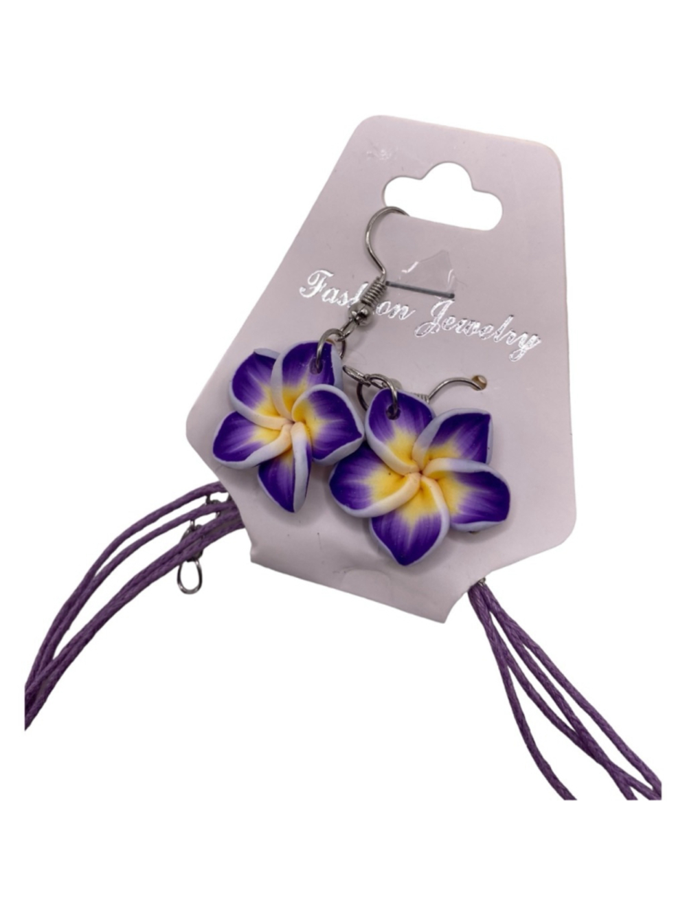 Plumeria Hawaii Flower Polymer Clay Earrings Pendant Necklace Earring Set Purple